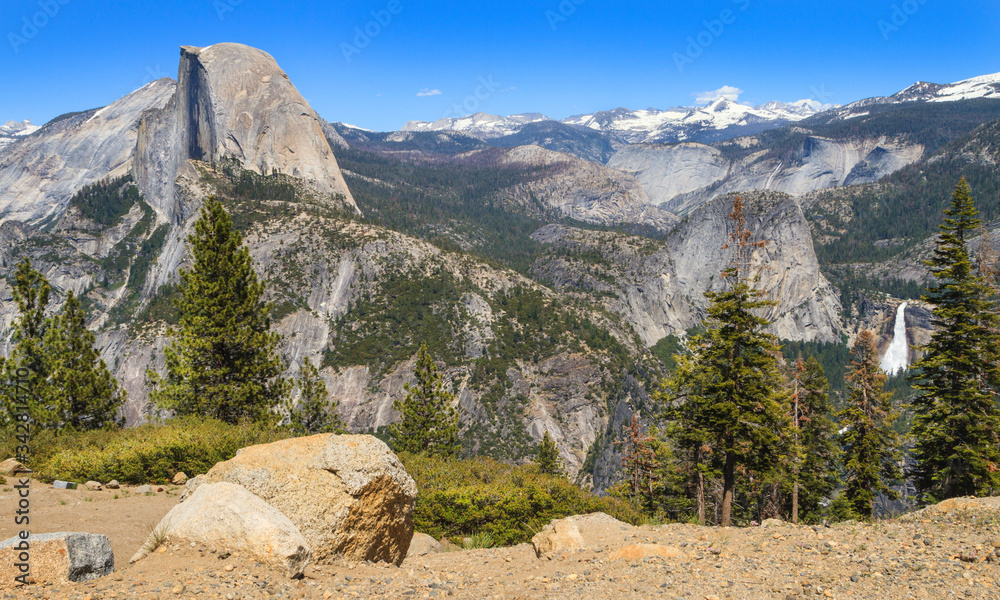 Looking at Half Dome and Yosemite Falls from Glacier Point in Yosemite National Park