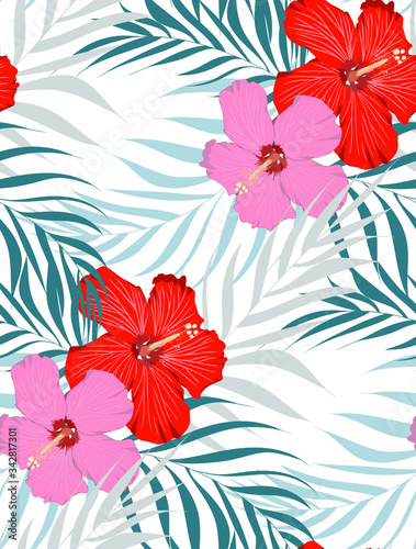 Floral vector pattern, vector Design with Shoe Flower, Hibiscus, Chinese rose and palm leaves.  Pattern is clean for fabric, wallpaper, printing. Pattern is on swatches panel