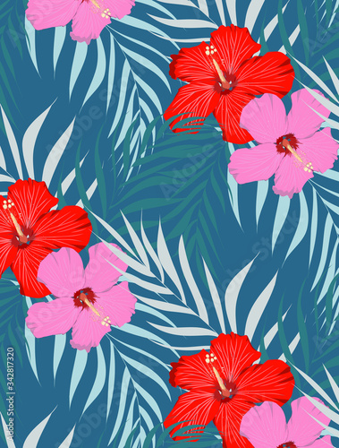 Floral vector pattern, vector Design with Shoe Flower, Hibiscus, Chinese rose and palm leaves.  Pattern is clean for fabric, wallpaper, printing. Pattern is on swatches panel