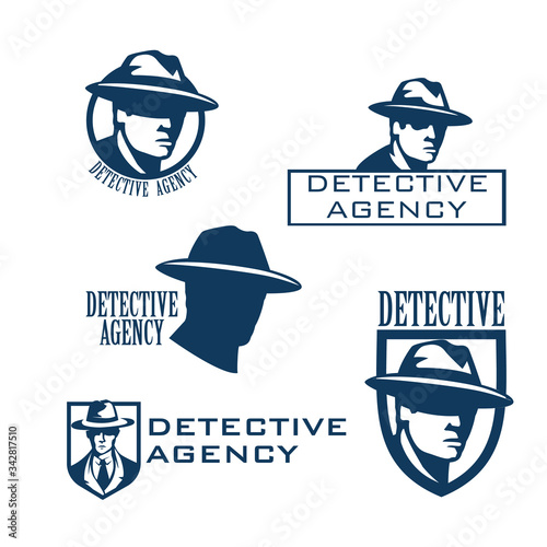 Detective agency emblem with man head in hat.