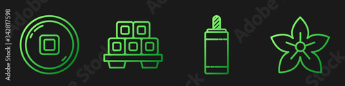 Set line Firework, Chinese Yuan currency, Sushi on cutting board and Lotus flower. Gradient color icons. Vector