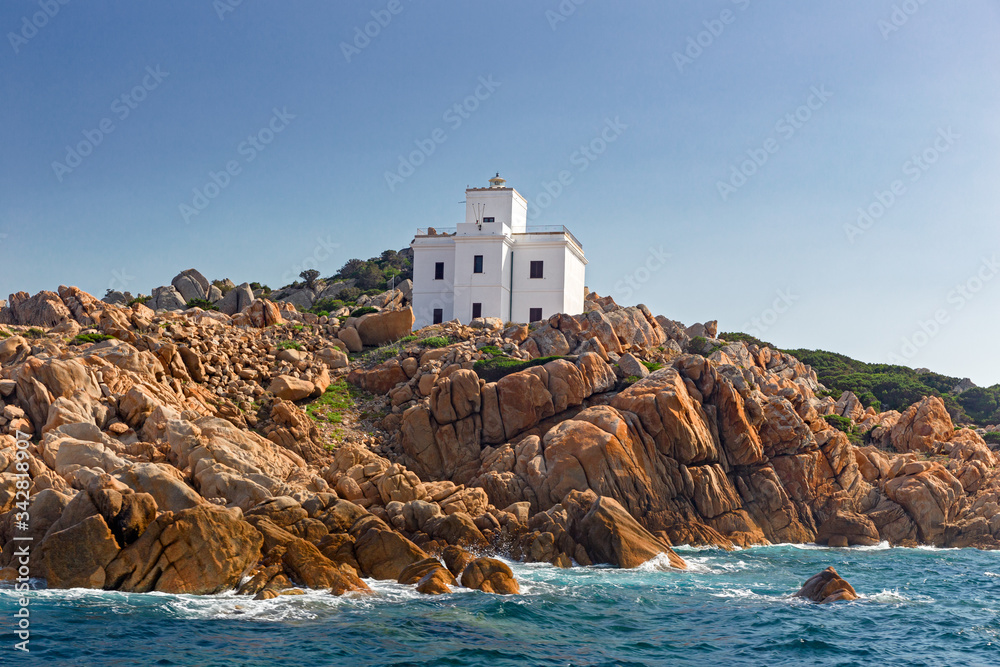 Lighthouse on the coast of the Maddalena archipelago in Sardinia, Italy.