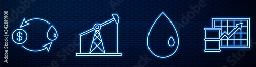 Set line Oil drop, Oil exchange, Oil pump or pump jack, Oil price increase and Eco fuel canister. Glowing neon icon on brick wall. Vector