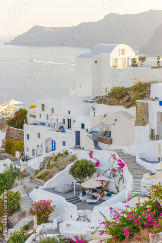 Panorama of the city during sunset in the village of Oia, Santorini.