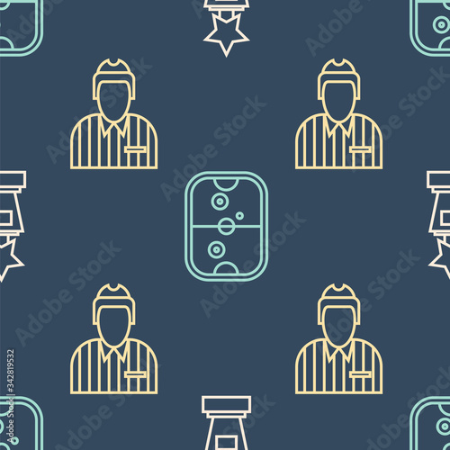 Set line Award cup, Hockey judge, referee, arbiter and Air hockey table on seamless pattern. Vector