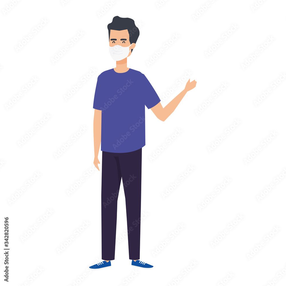 young man waving using face mask isolated icon vector illustration design young man waving using face mask isolated icon vector illustration design