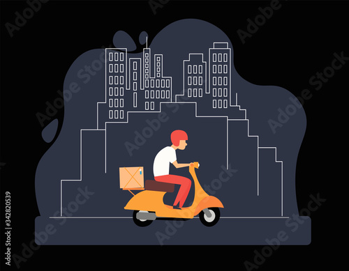 Delivery, guy on a moped rides around the city with delivery. Characters. Flat design vector illustration.