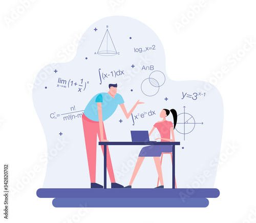 Higher Education in University or College. Cartoon vector flat illustration people learning mathematic with mathematic item and element