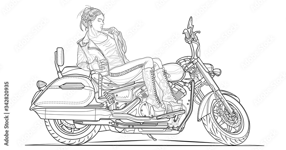 Girl on motorcycle adult coloring page. Stroke without fill. Classic ...