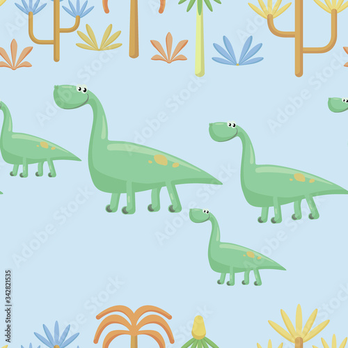 Seamless pattern of cute flat dinosaurs on a blue background.