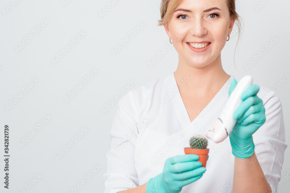 Cosmetologist is shaving green cactus in a brown pot with electric epilator wearing gloves smiling on white background. Concept of depilation, epilation and removal hair. Cosmetologist is shaving green cactus in a brown pot with electric epilator wearing gloves smiling on white background. Concept of depilation, epilation and removal hair.