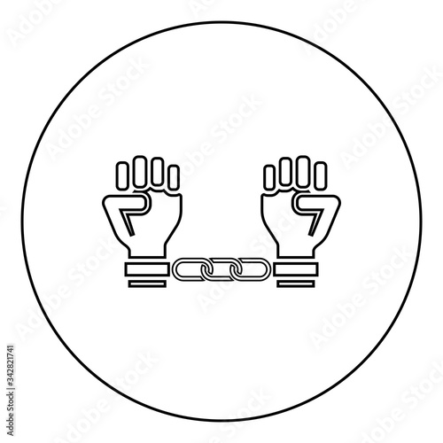 Handcuffed hands Chained human arms Prisoner concept Manacles on man Detention idea Fetters confine Shackles on person icon in circle round outline black color vector illustration flat style image