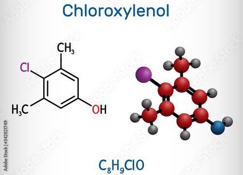 Chloroxylenol, C8H9ClO PCMX molecule. It is an antiseptic and disinfectant for skin disinfection and surgical instruments. Structural chemical formula and molecule model