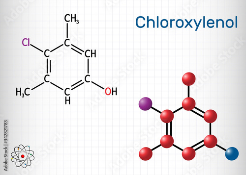 Chloroxylenol, C8H9ClO PCMX molecule. It is an antiseptic and disinfectant for skin disinfection and surgical instruments. Structural chemical formula and molecule model. Sheet of paper in a cage