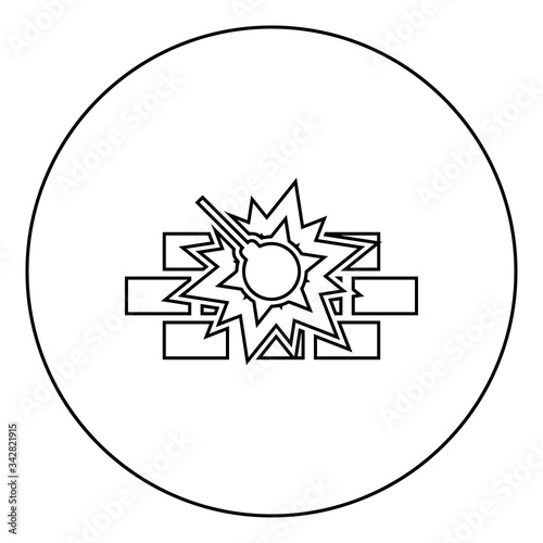 Working demolish machine on building construction Destroying brick wall with metal ball Wrecking house home concepting icon in circle round outline black color vector illustration flat style image