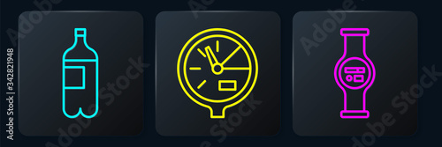 Set line Bottle of water, Water meter and Water meter. Black square button. Vector