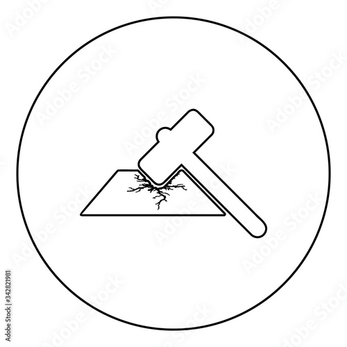 Sledge hammer breaks hard surface with formation of strong cracks icon in circle round outline black color vector illustration flat style image