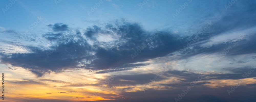Panoramic cloudscape of dramatic blue sky and clouds at twilight Panoramic cloudscape of dramatic blue sky and clouds at twilight