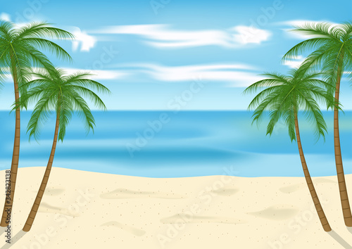 Tropical blue sea and a sand beach with palm.