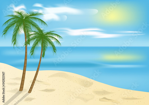 Tropical blue sea and a sand beach with palm.