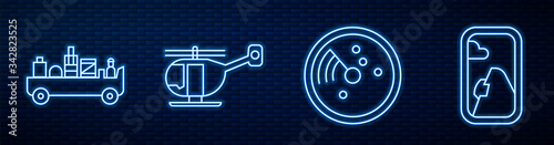 Set line Radar with targets on monitor, Airport luggage towing truck, Helicopter and Airplane window. Glowing neon icon on brick wall. Vector