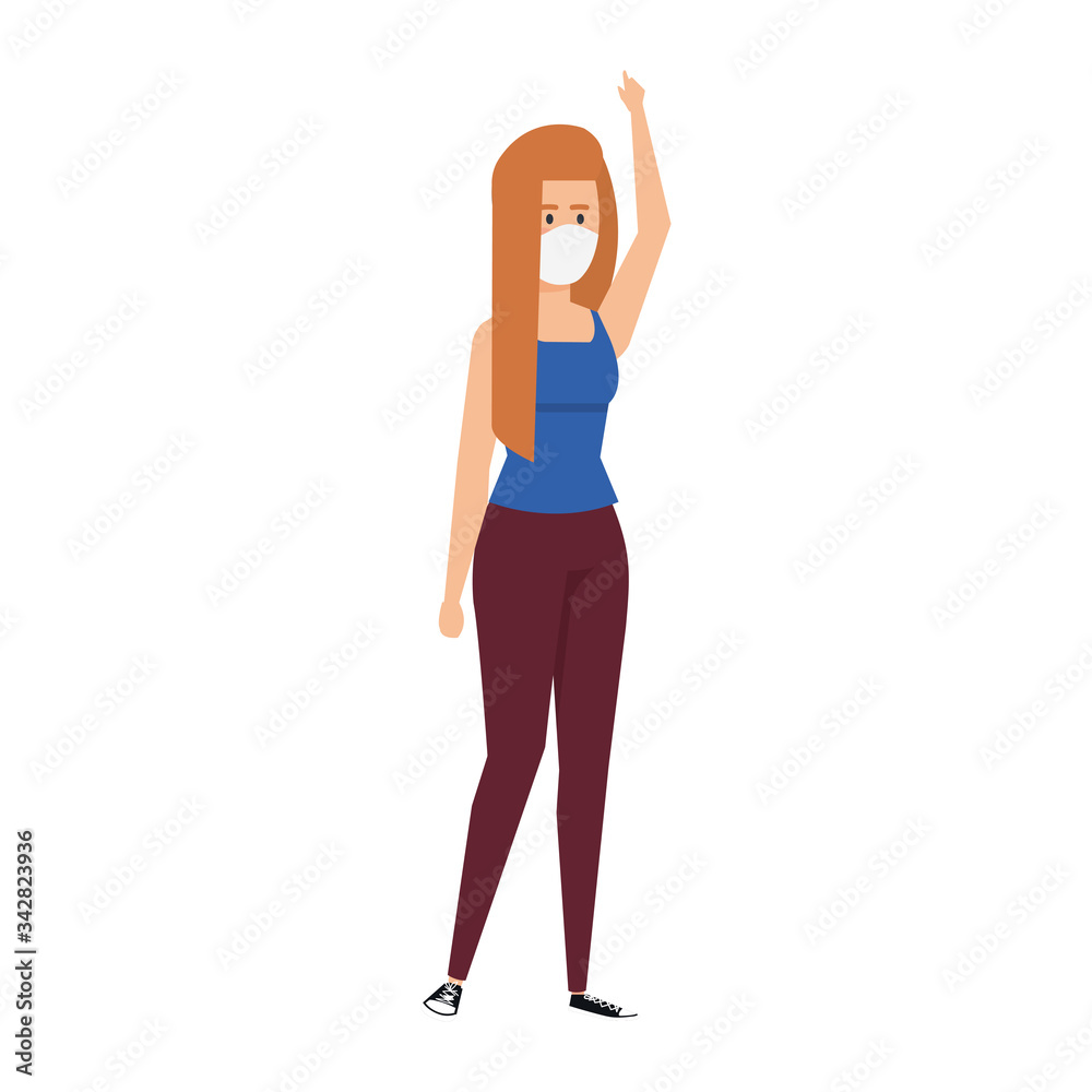 young woman using face mask with hand up vector illustration design young woman using face mask with hand up vector illustration design