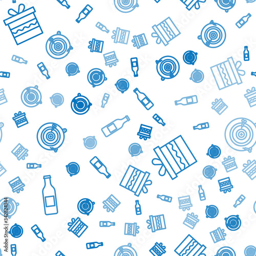 Set line Beer bottle, Gift box and Classic dart board and arrow on seamless pattern. Vector