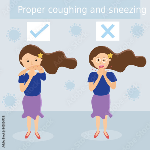 Vector illustration, a woman coughing and sneezing properly , Coughing and sneezing by using elbows to cover the mouth