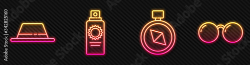 Set line Compass, Man hat with ribbon, Sunscreen spray bottle and Glasses. Glowing neon icon. Vector