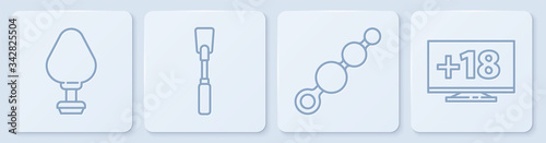 Set line Anal plug, Anal beads, Leather whip and Monitor with 18 plus content. White square button. Vector