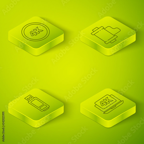 Set Isometric Camera vintage film roll cartridge, USB flash drive, Laptop with 4k video and 4k Ultra HD icon. Vector