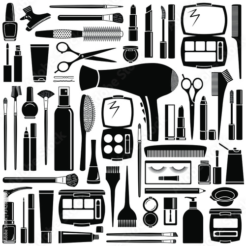 Motif d’accessoires de beauté - divers silhouettes d’objets noirs sur fond blanc.