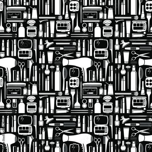 Motif de divers silhouettes d’objets beauté blancs sur fond noir.