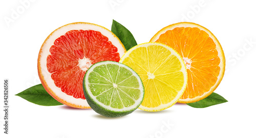 Citrus Fruit Set orange, grapefruit, lime, lemon isolated on white background.