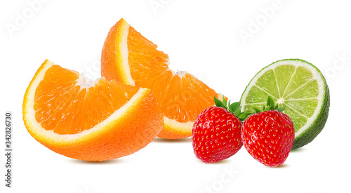 Ripe orange lime and strawberry. isolated on white background