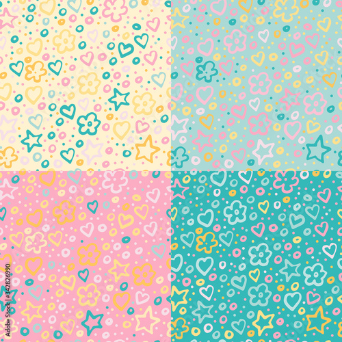 Set of seamless baby patterns of colorful stars, flowers and hearts of spring and pastel colors: green, yellow, pink. 