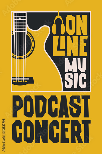 Vector banner for an online music podcast concert with a guitar and headphones on a yellow background. Suitable for advertising, web banner, poster, flyer, invitation, cover