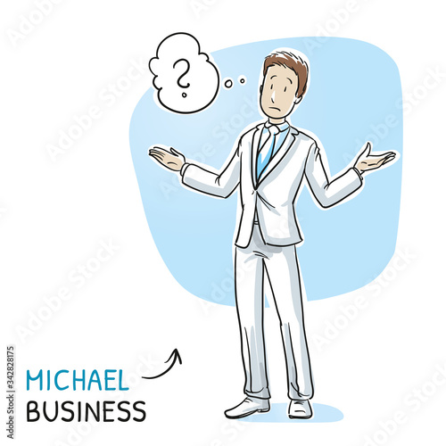  Clueless young man in business suit spreading his arms with thought bubble. Hand drawn cartoon sketch vector illustration, whiteboard marker style coloring. 