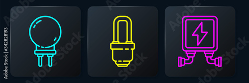 Set line Light emitting diode, Electric transformer and LED light bulb. Black square button. Vector