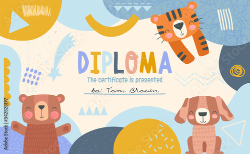 Cute blue Diploma template for a little boy with a frame of cartoon animals and decorations around central copy space, vector illustration