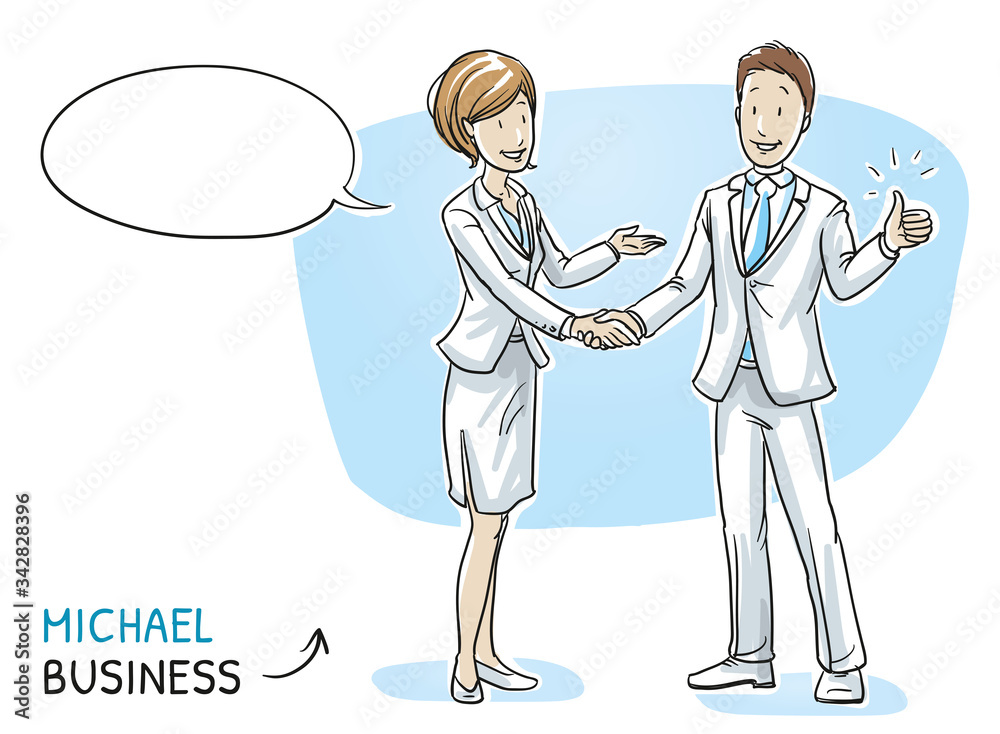Happy young man in business clothes showing thumb up and shaking hands ...