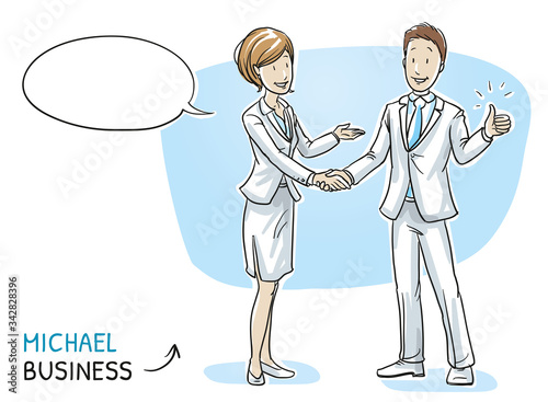  Happy young man in business clothes showing thumb up and shaking hands with a business woman. Hand drawn cartoon sketch vector illustration, whiteboard marker style coloring. 
