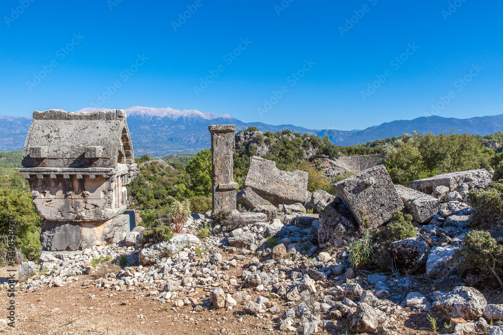 The sarcophagus in the necropolis in the ancient city of Pinara, Fethiye, Turkey.