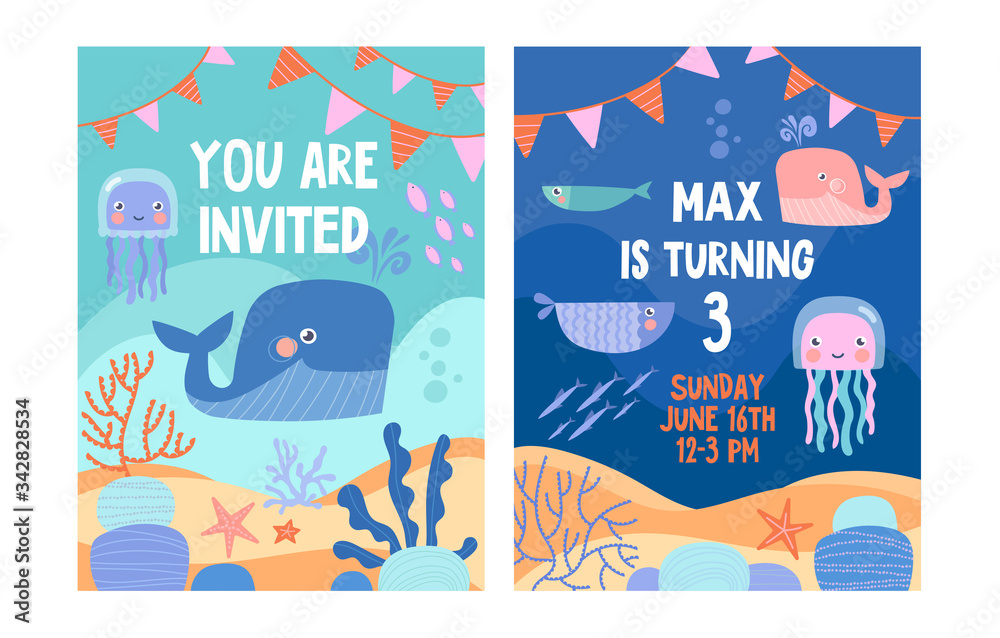 Sea or nautical invitation to third birthday party with whales, octopus and fish swimming underwater and copy space for text and date, vector illustration