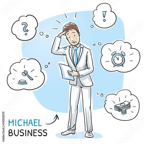  Confused young man in business suit holding a letter or document, looking concerned. Hand drawn cartoon sketch vector illustration, whiteboard marker style coloring. 