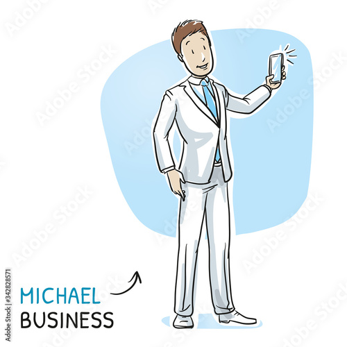 Happy young man in business suit taking a photo with his mobile phone. Hand drawn cartoon sketch vector illustration, whiteboard marker style coloring. 