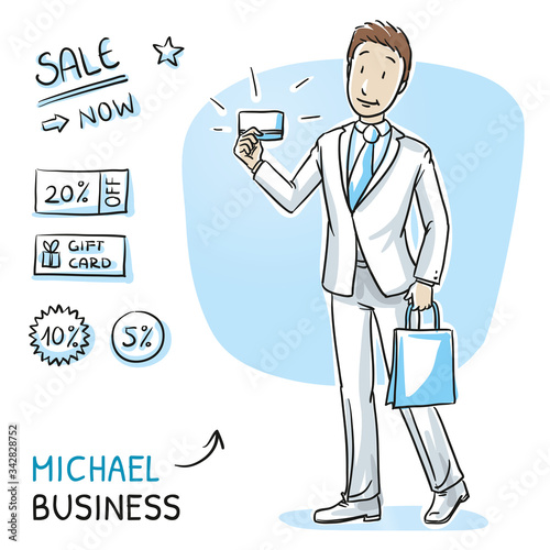 Happy young man in business suit with bag and shopping or credit card. Hand drawn cartoon sketch vector illustration, whiteboard marker style coloring. 