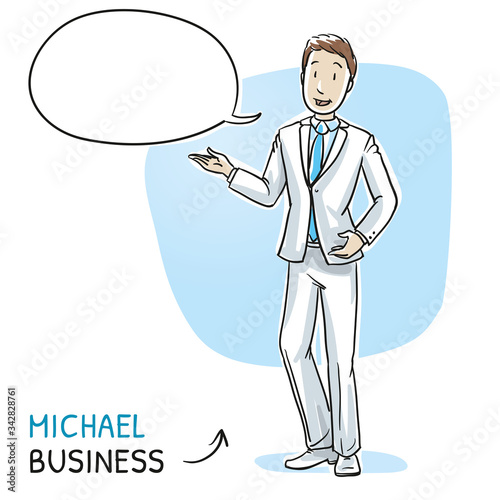 Happy young man in business suit talking and explaining something with speech bubble. Hand drawn cartoon sketch vector illustration, whiteboard marker style coloring. 