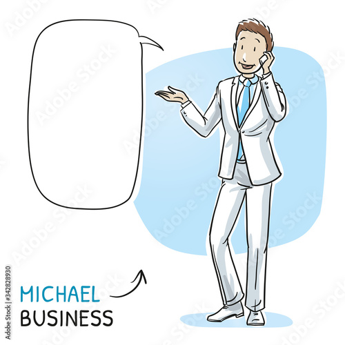 Happy young man in business suit talking on the phone with speech bubble. Hand drawn cartoon sketch vector illustration, whiteboard marker style coloring. 