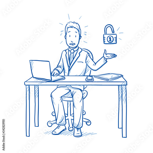 Afraid business man, employee at his desk with laptop, tablet looking stressed because of lack of security, data theft. Hand drawn line art cartoon vector illustration 